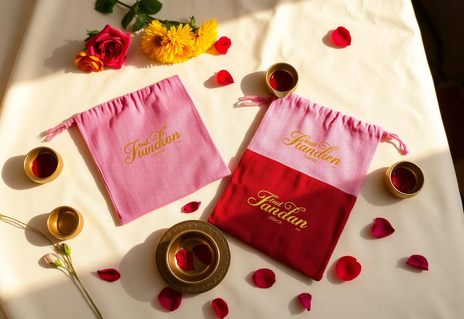 Customized pink and maroon jute goody bags with gold print, marigold flowers and brass diyas
